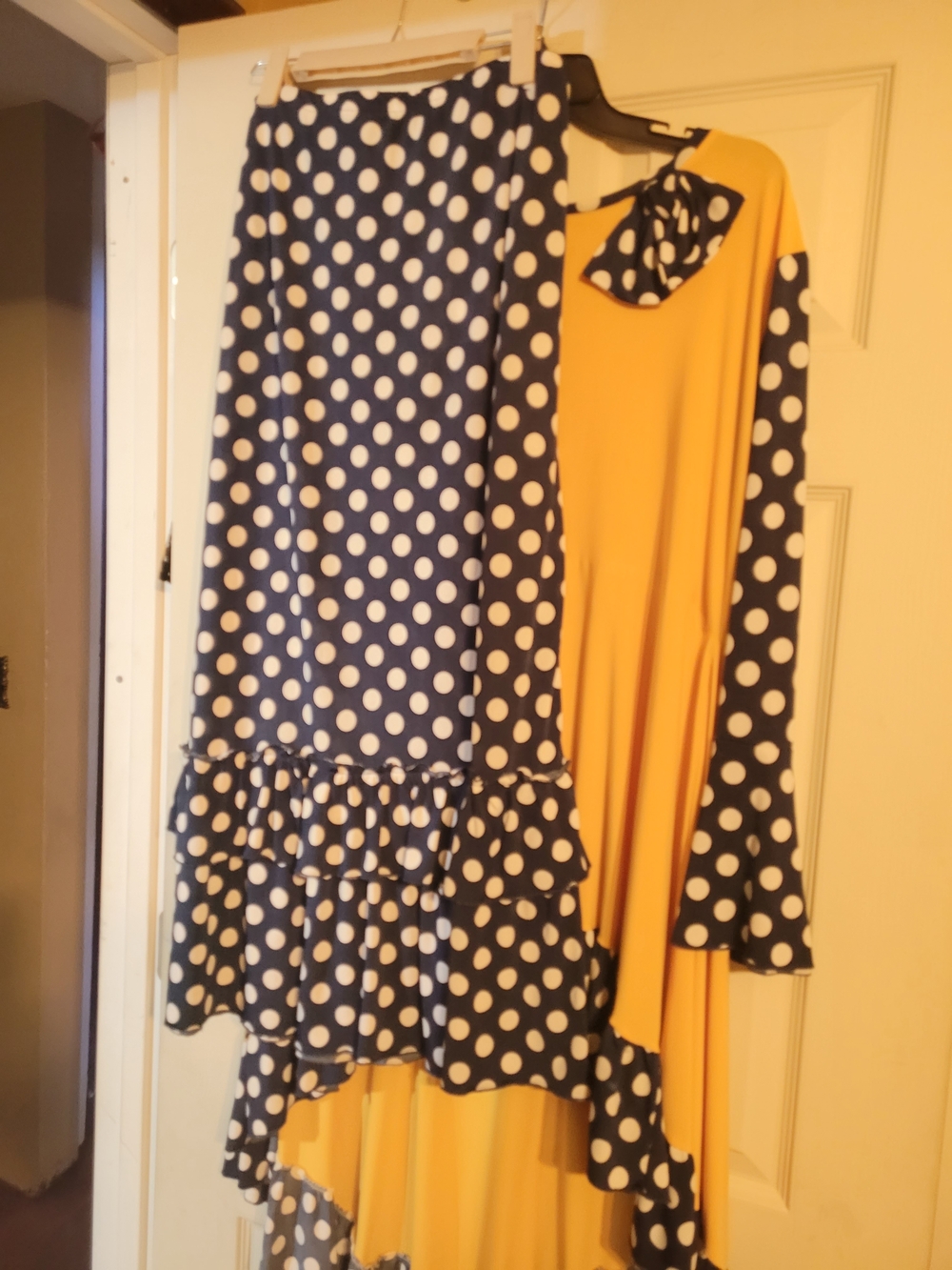 Ladies 3 Piece Navy Polka Dot & Mustard Ruffle High-Low Dress.....2skirts /Top